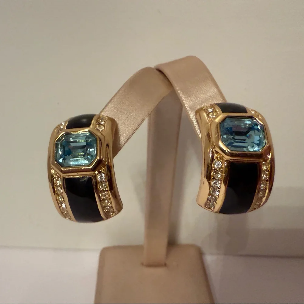 CHRISTIAN DIOR EARRINGS Unsigned BLACK ENAMEL BLUE CLEAR CRYSTALS HUGGIE POST - Picture 3 of 10